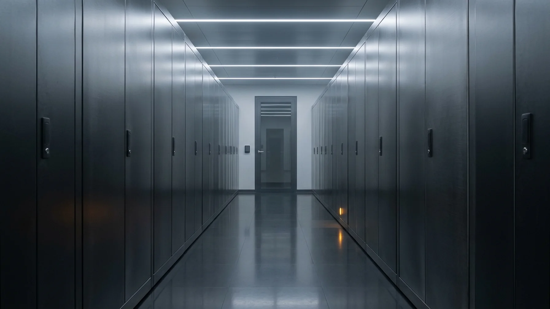 A secure data hall with rows of locked server cabinets and a badge-controlled door at the far end