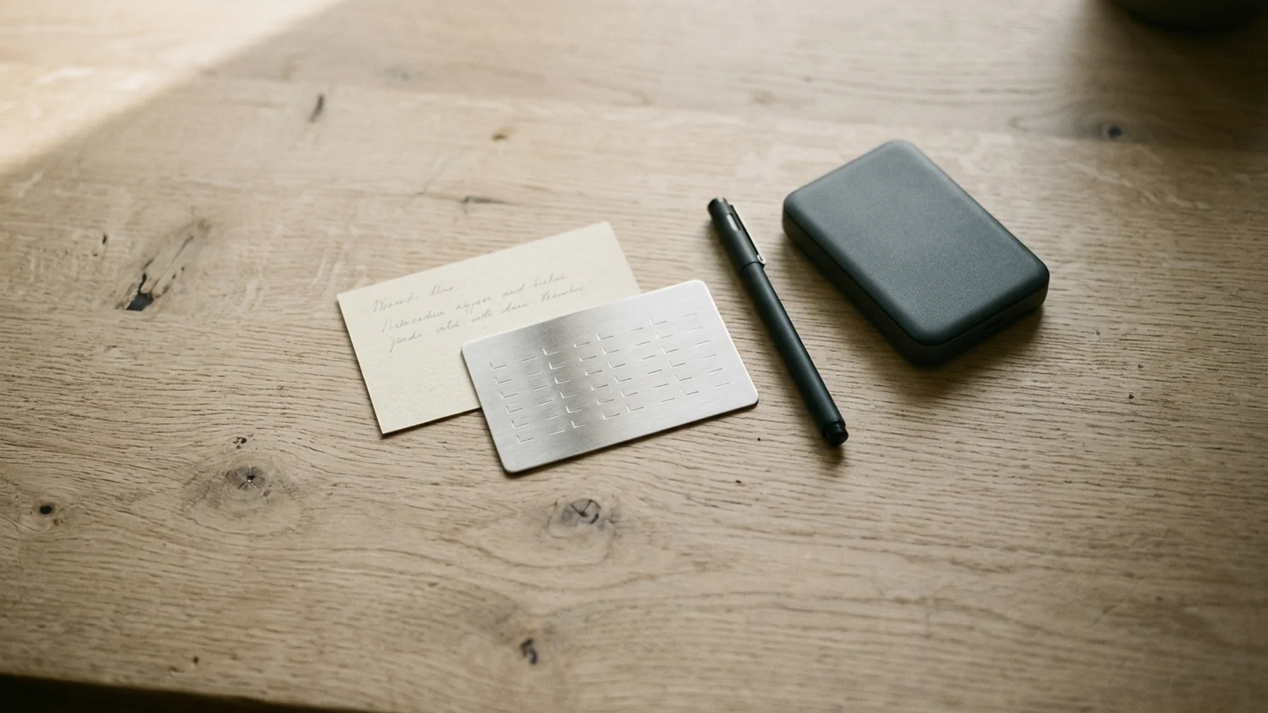 A seed phrase written in ink on a numbered paper card beside a metal backup plate, a pen and a closed hardware wallet on a wooden desk in daylight.
